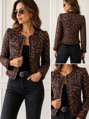 J.Crew Quilted Leopard Print Jacket Ruffle Trim Lightweight Coat Size 2 Like New